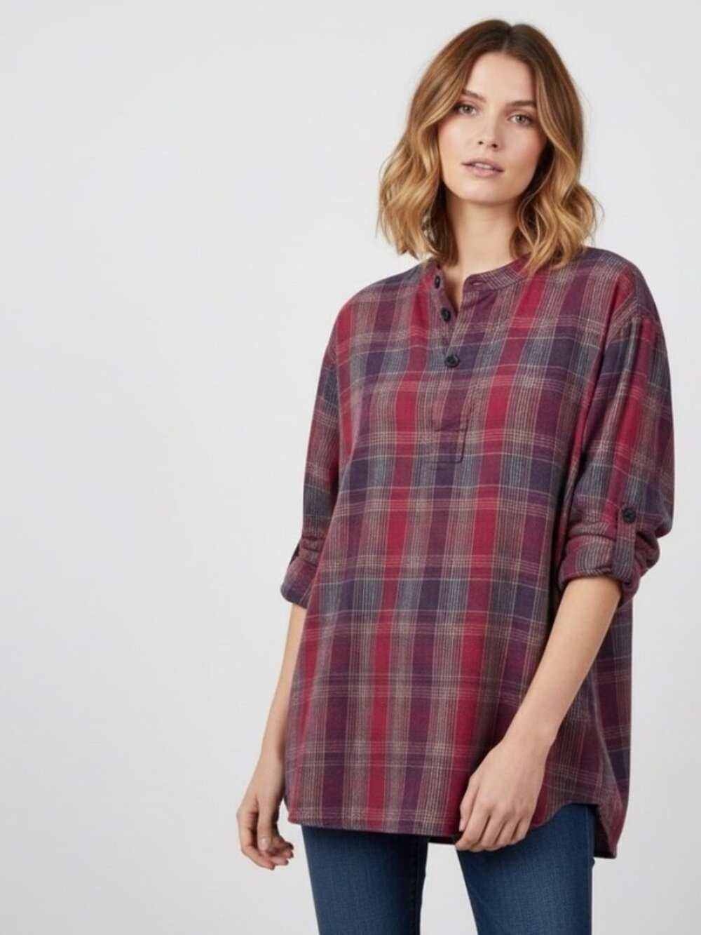 Aritzia Golden by TNA Plaid Flannel Half Button Up Mandarin Collar Shirt US XS